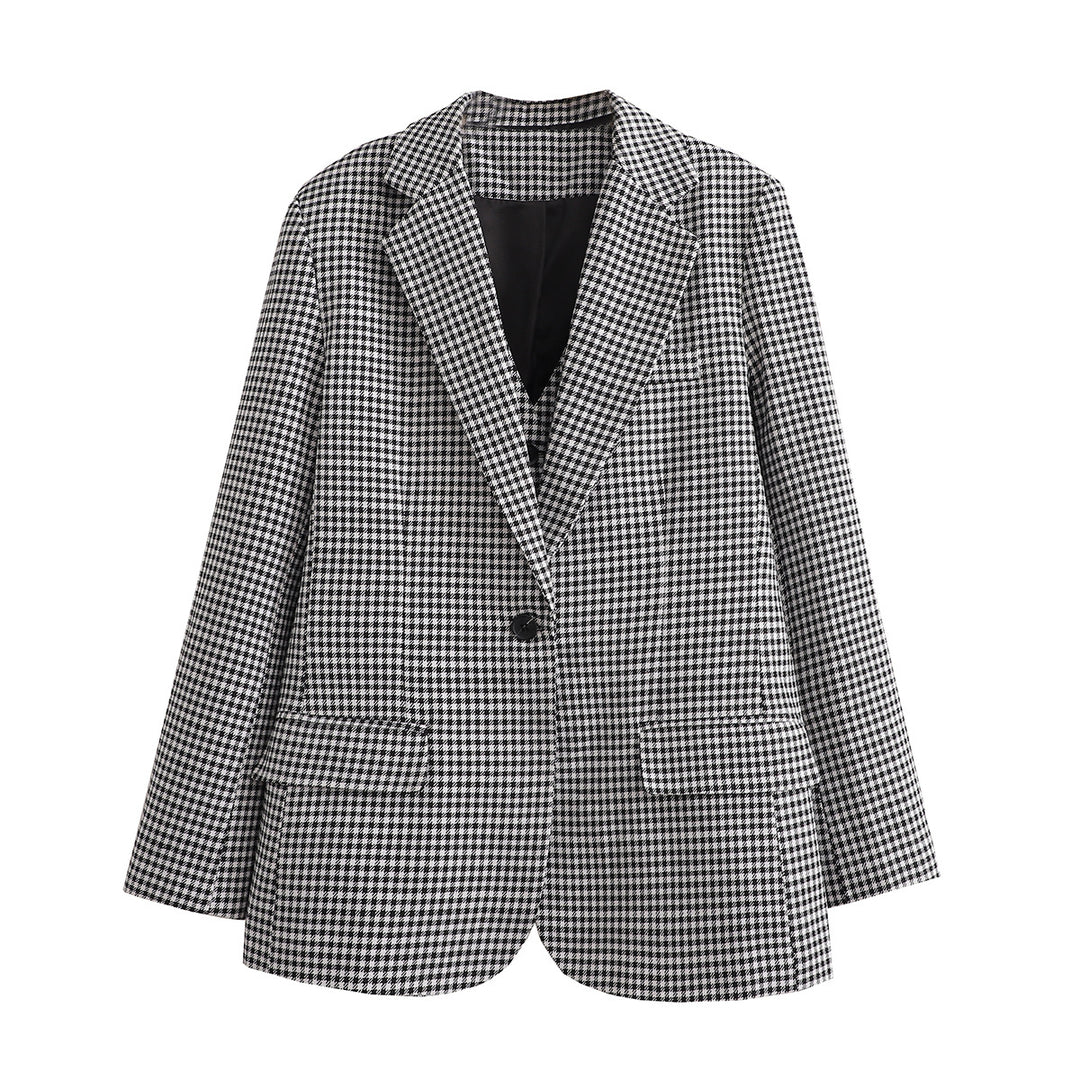 Damen Oversize Hahnentritt Blazer mit Ein-Knopf-Verschluss und Pattentaschen EB