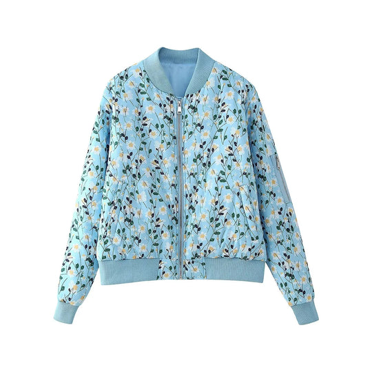 Damen stylische Bomberjacke mit floralen Mustern und elastischen Bündchen EB