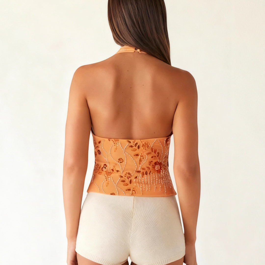 Damen Haltertops mit floralem Design und schimmernden Applikationen EB