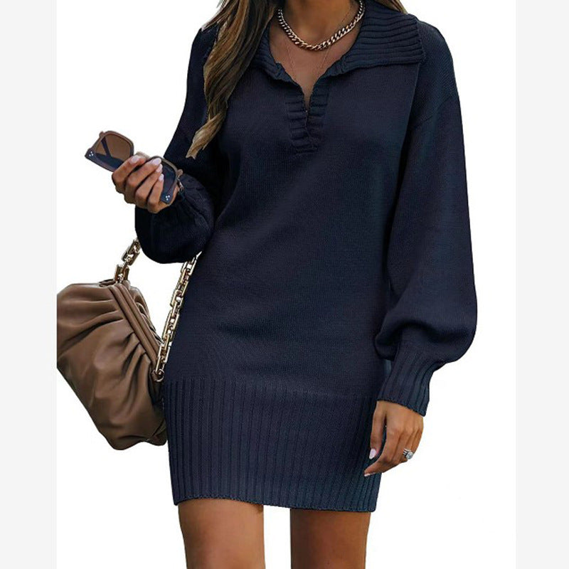 Damen nan schulterfreies Strickminikleid mit weitem V-Ausschnitt und Rippbund EB