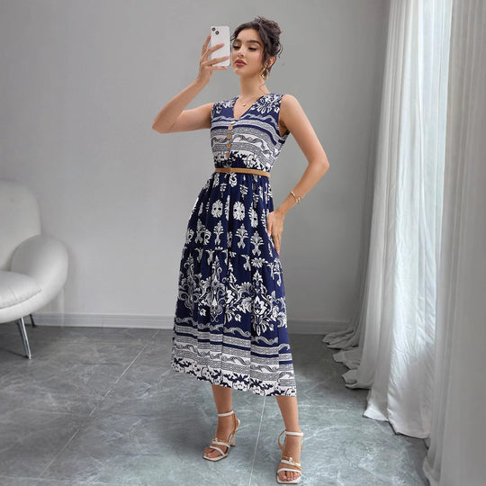 Damen Maxikleid mit elegantem V-Ausschnitt und grafischem Muster EB