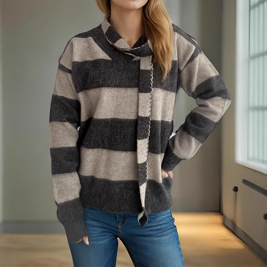 Damen lässiger Strickpullover mit modernem Streifenmuster und dekorativem Schal EB