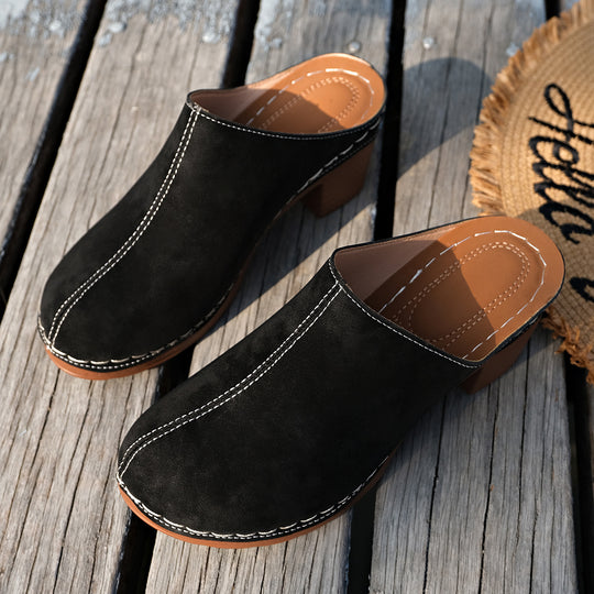 Damen Elegante Clogs aus hochwertigem Wildleder mit komfortablem Blockabsatz EB