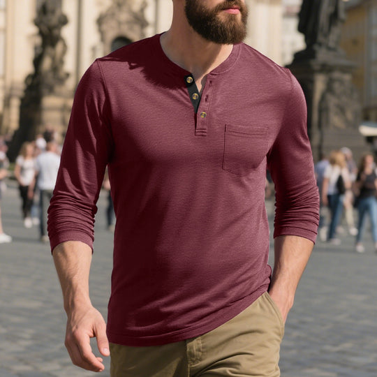 Herren Langarmshirt mit Knopfleiste und Brusttasche EB