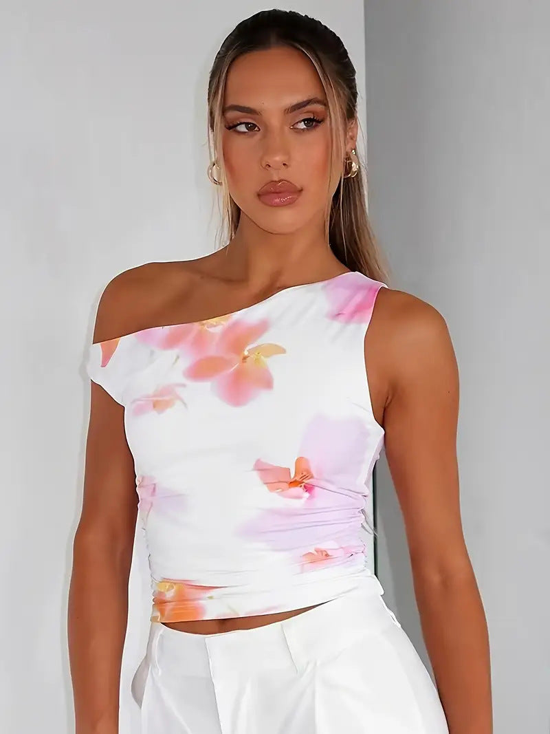 Damen Crop-Top mit floralem Design und schulterfreiem Schnitt EB