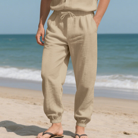 Herren nan leichte Leinenmix-Loungehose mit Tunnelzugbund, Seitentaschen und elastischen Beinabschlüssen EB