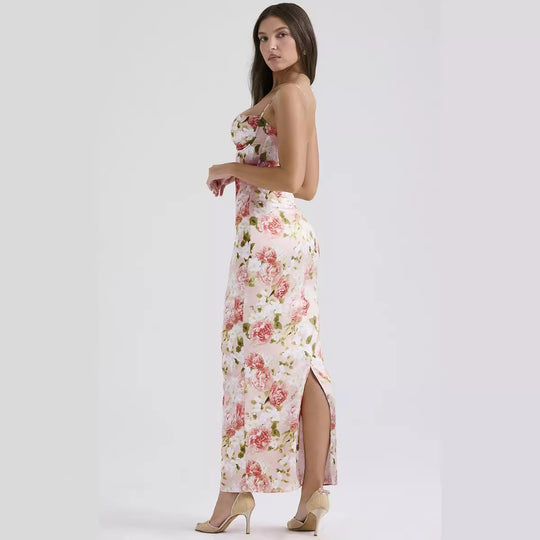Damen Körperbetontes Maxikleid mit floralen Akzenten und verstellbaren Spaghettiträgern EB