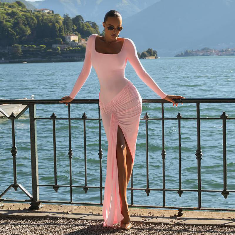 Damen figurbetontes Langarmkleid mit asymmetrischem Schlitz und Drapierungen EB