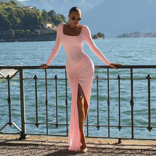 Damen figurbetontes Langarmkleid mit asymmetrischem Schlitz und Drapierungen EB