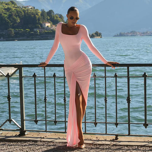 Damen figurbetontes Langarmkleid mit asymmetrischem Schlitz und Drapierungen EB