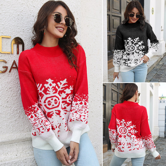 Damen Grobstrickpullover mit festlichem Schneeflocken-Motiv und lässigem Schnitt EB