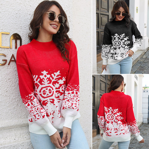 Damen Grobstrickpullover mit festlichem Schneeflocken-Motiv und lässigem Schnitt EB