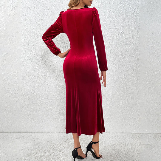 Damen Samt-Maxikleid mit taillierter Silhouette, Puffschultern und fließendem Tulpenrock Eichborn Berlin