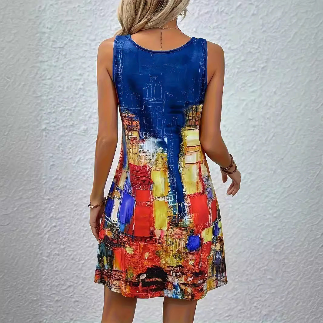 Damen Sommerkleid mit künstlerischem Druck und figurbetontem Schnitt EB
