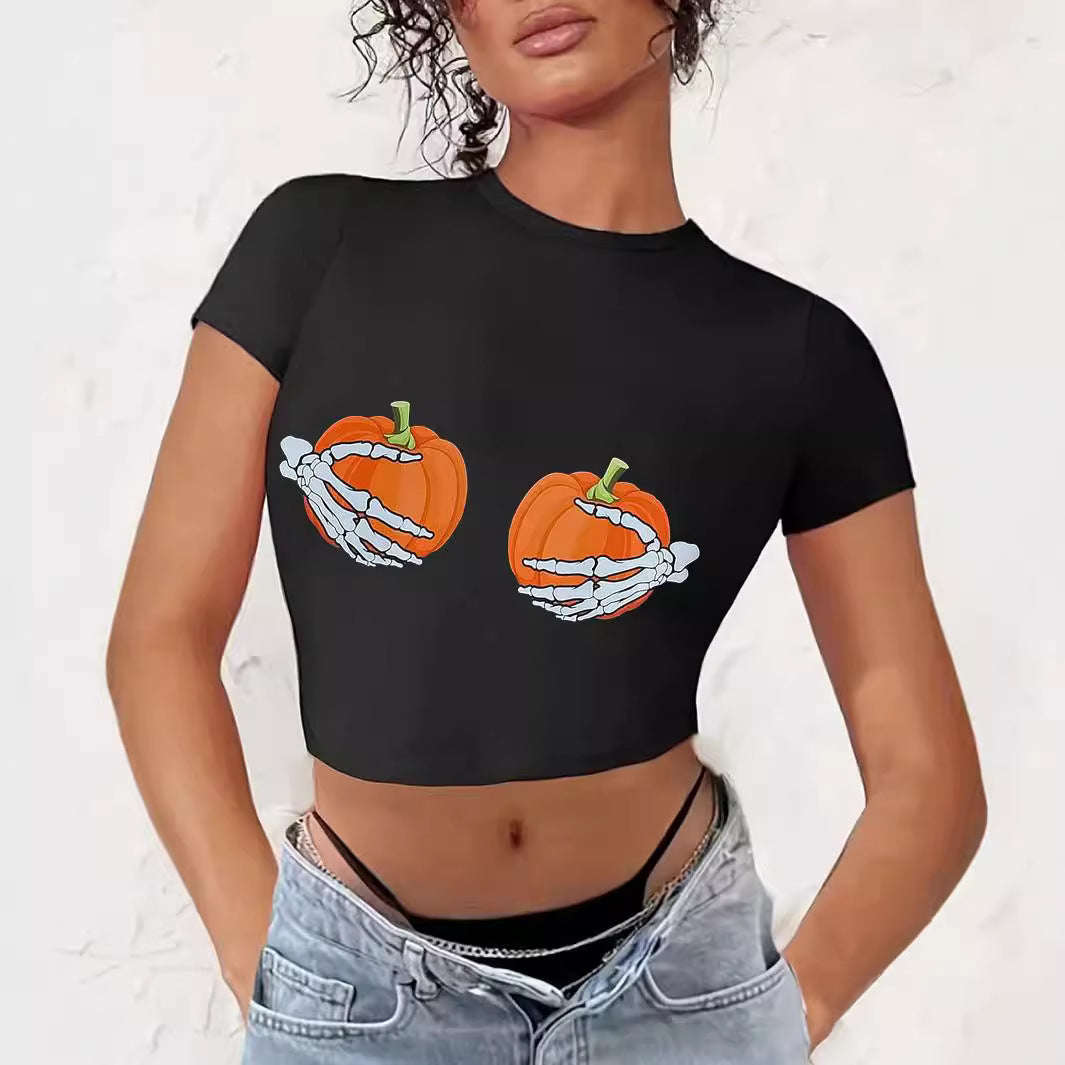 Damen Crop-T-Shirt mit kreativem Comic-Motiv EB