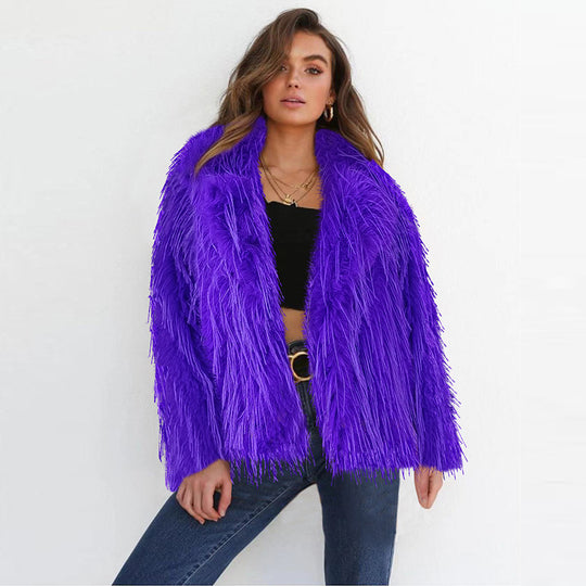 Damen Eleganter Kunstfellblazer mit breitem Kragen EB
