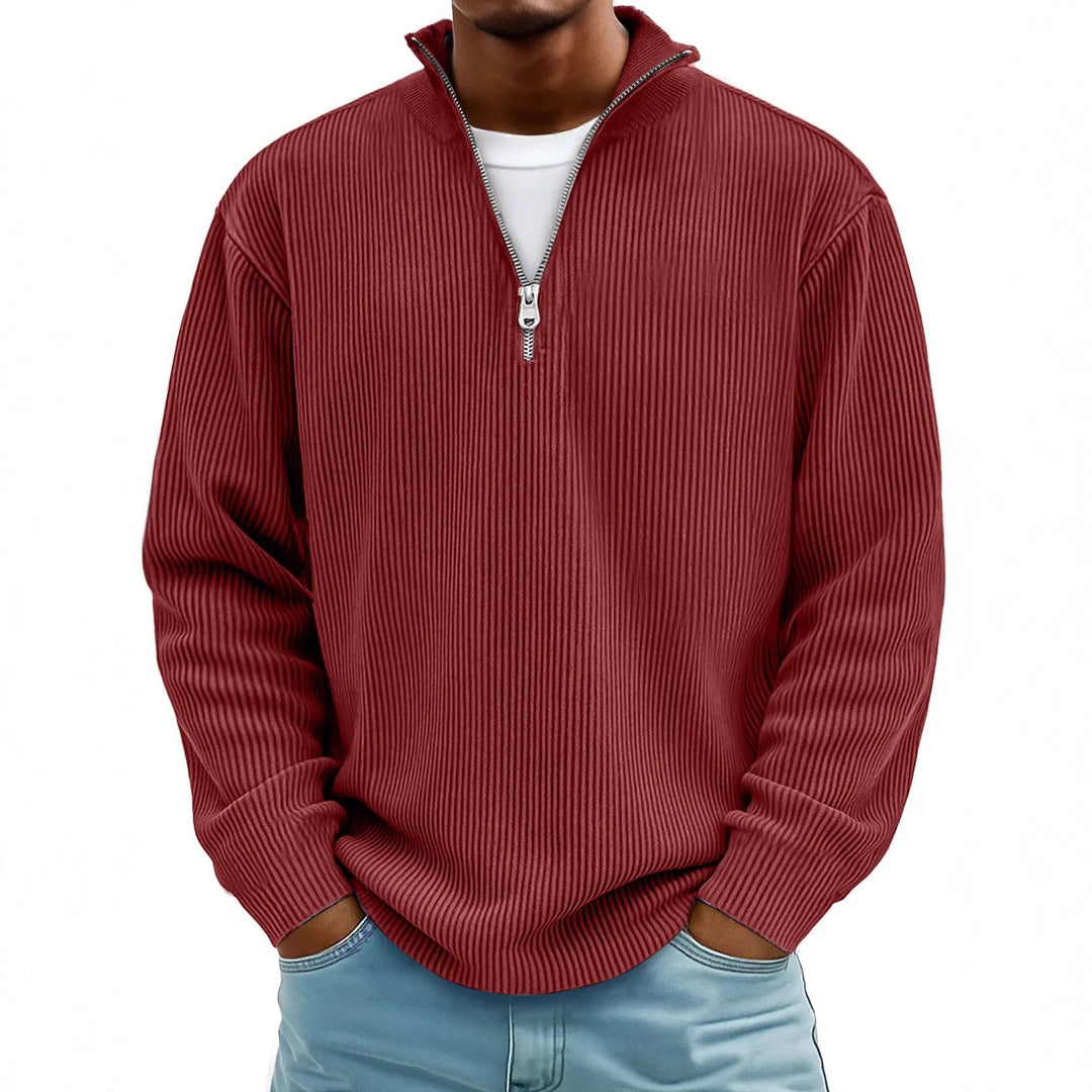 Herren nan gerippter Strickpullover mit halbem Reißverschluss und Stehkragen EB