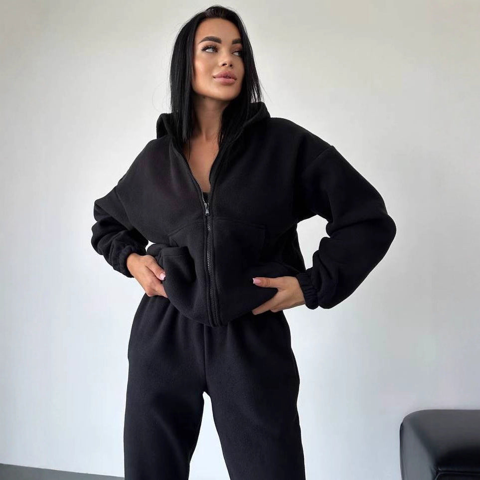 Damen sportliches Fleece-Set mit hohem Kragen und seitlichen Taschen EB