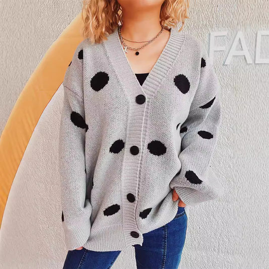 Damen lässige Strickjacke mit modernen Punkten und voluminösen Ärmeln EB