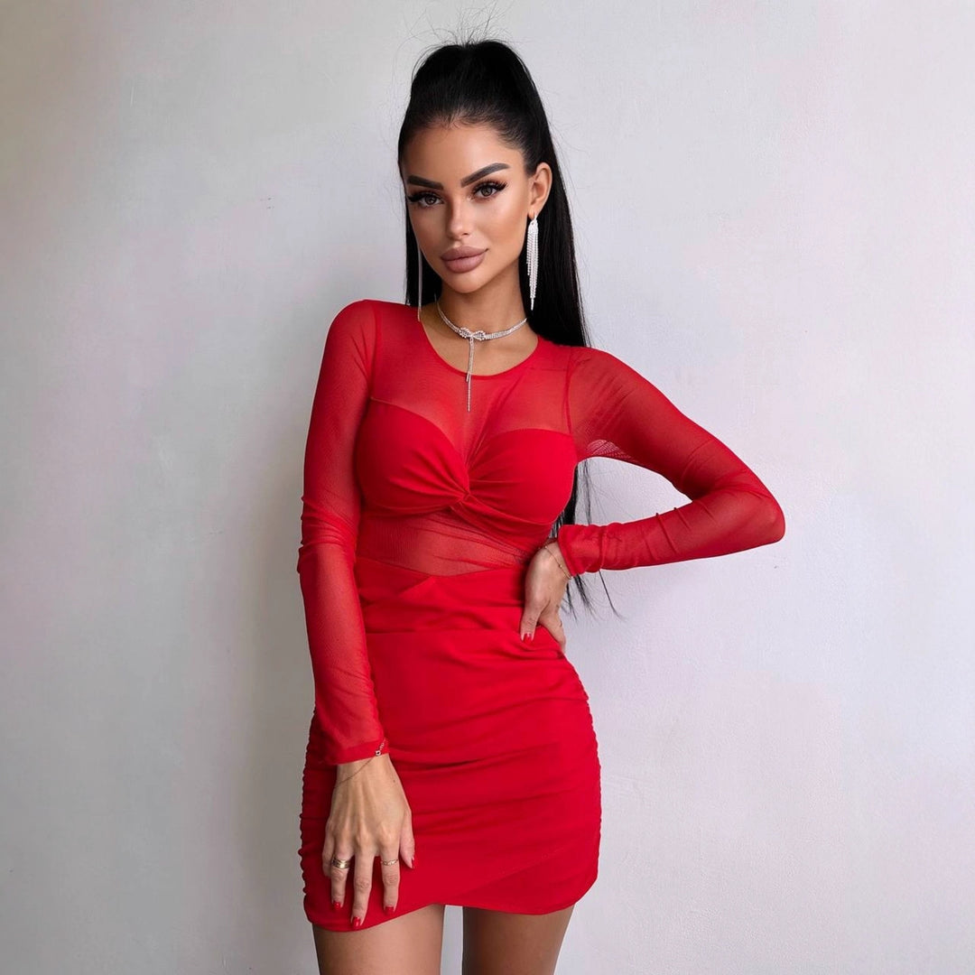Damen figurbetontes Kleid mit langem Arm und raffiniertem Verknotungsdetail EB