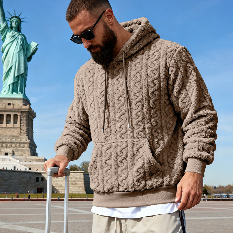 Herren nan Kuscheliger Sherpa-Hoodie mit Zopfmuster, Kängurutasche und Rippbündchen EB
