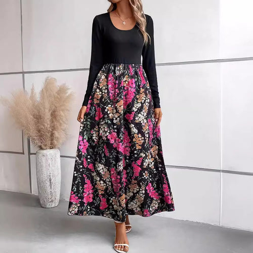 Damen Maxikleid mit floralem Print und langen Ärmeln EB