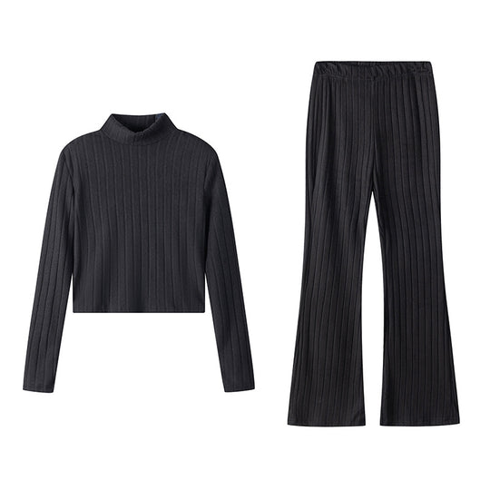 Damen Zweiteiliges Set mit hochgeschlossenem Pullover und ausgestellter Hose EB