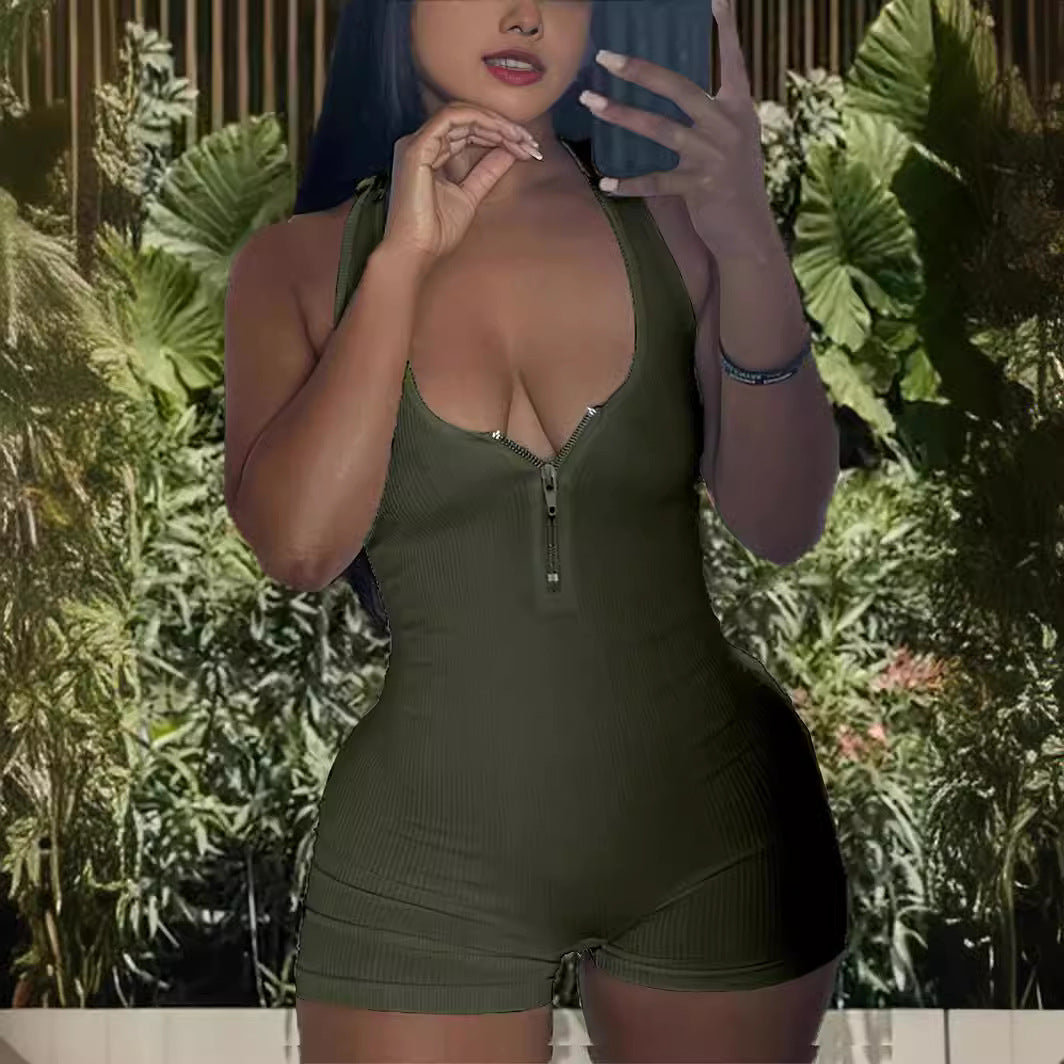 Damen Jumpsuit mit tiefem V-Ausschnitt und Reißverschluss EB