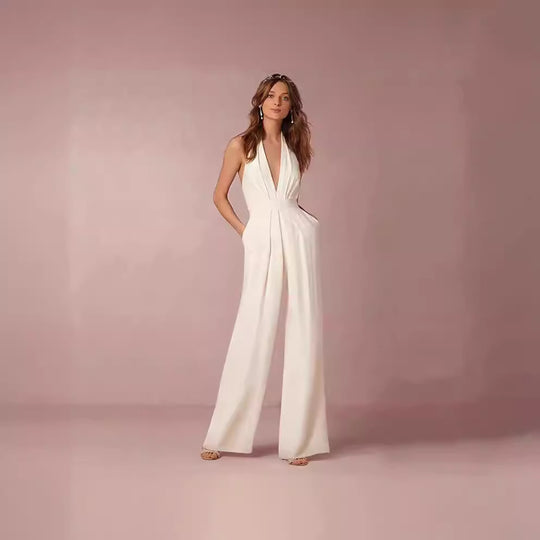 Damen Eleganter Jumpsuit mit tiefem V-Ausschnitt und weitem Bein EB