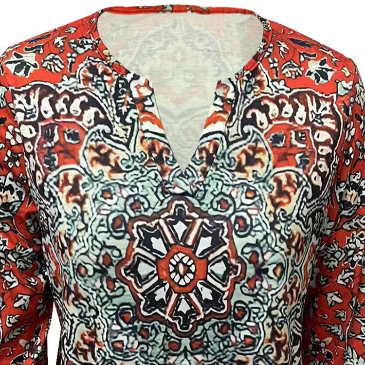 Damen Boho-Tunika-Bluse mit Mandala-Print, V-Ausschnitt und dreiviertel Ärmeln EB