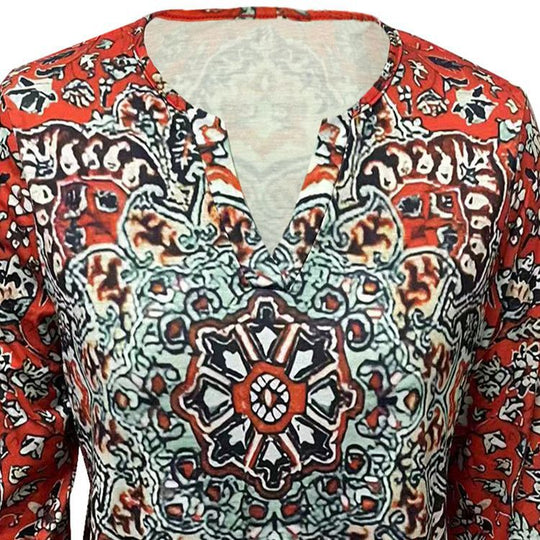 Damen Boho-Tunika-Bluse mit Mandala-Print, V-Ausschnitt und dreiviertel Ärmeln EB