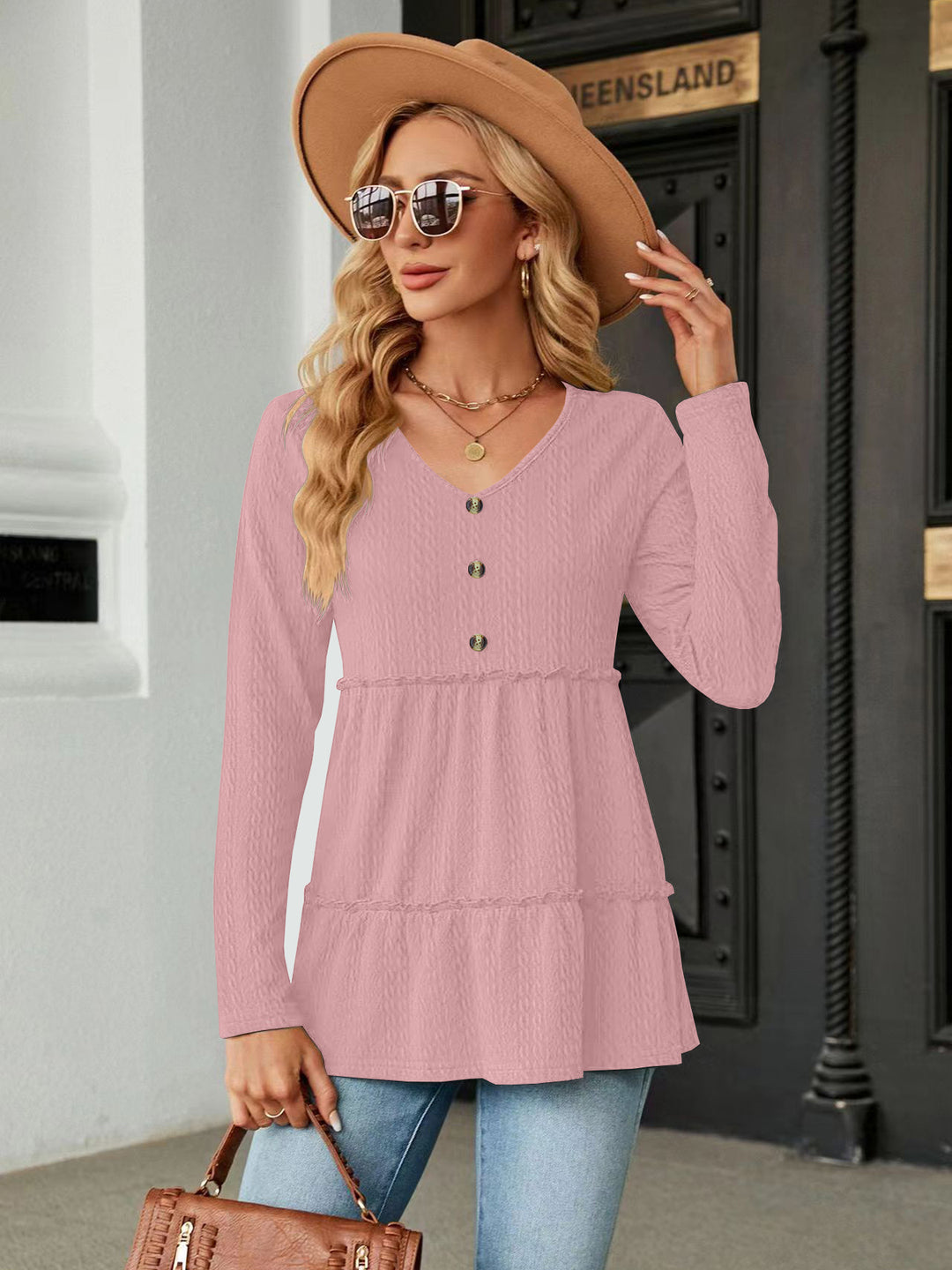Damen Langarm Tunika mit Knopfdetail und Volant EB