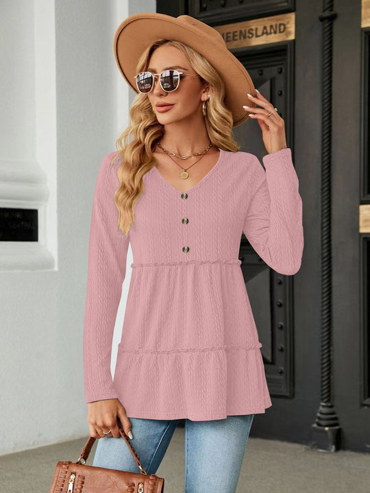Damen Langarm Tunika mit Knopfdetail und Volant EB