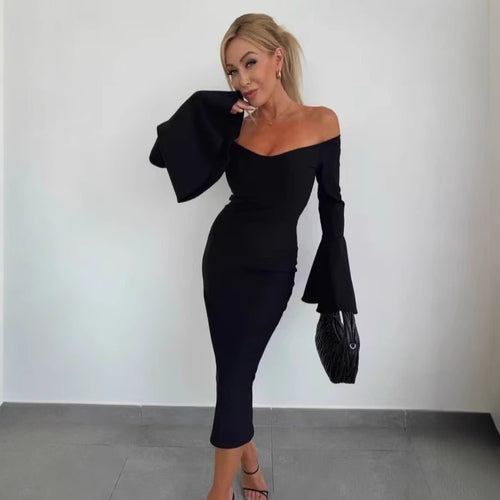 Damen Elegantes Langarmkleid mit weiten Ärmeln und Schlitz EB