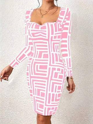 Damen Figurbetontes Langarmkleid mit geometrischem Muster EB