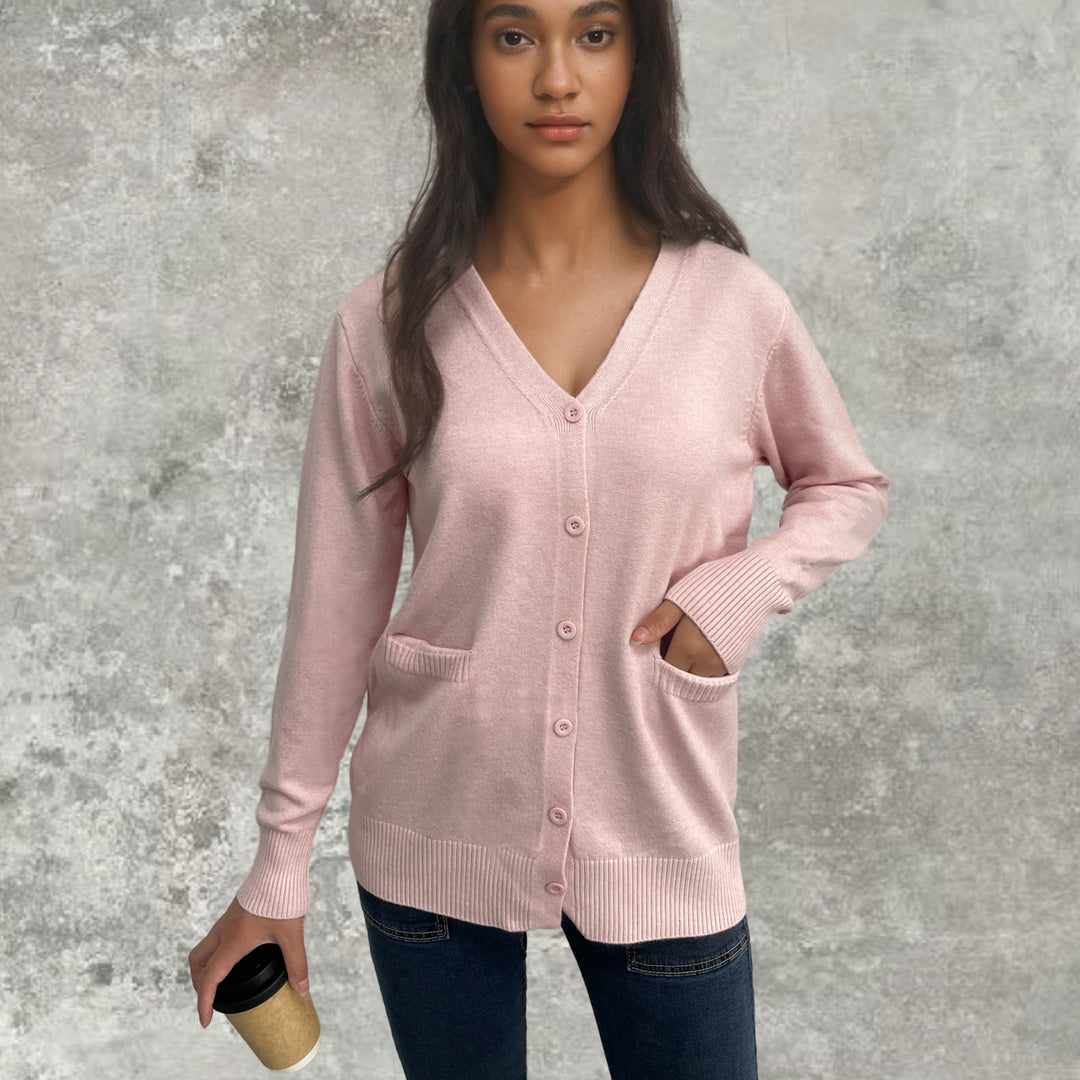 Damen elegante Strickjacke mit praktischen Taschen und feiner Knopfleiste EB