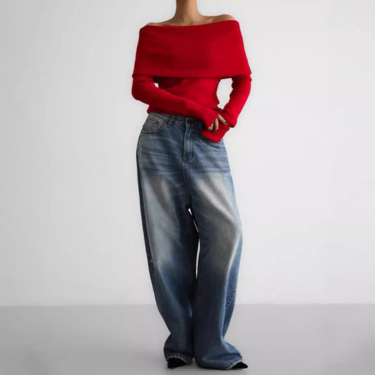 Damen Elegantes Off-Shoulder Oberteil mit geschmeidiger Textur und ausgestellten Ärmeln EB