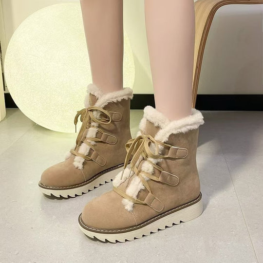 Damen  gefütterte Schnürstiefelette mit Kunstfellkragen, elastischen Schlaufendetails und gezahnter Profilsohle EB