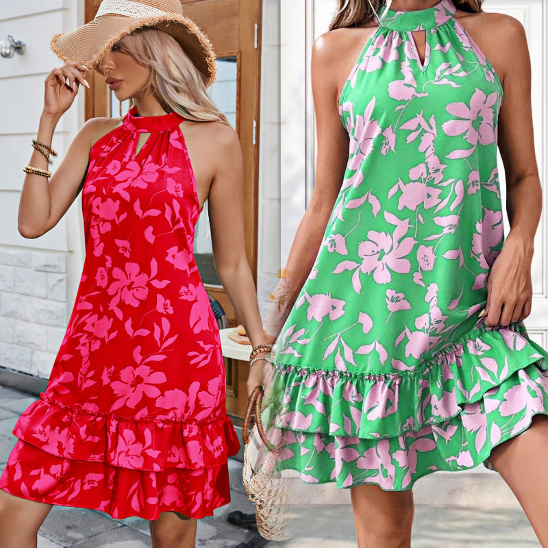 Damen Sommerliches Strandkleid mit Rüschen und attraktivem Blumenmuster EB