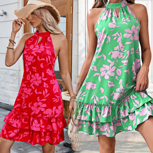 Damen Sommerliches Strandkleid mit Rüschen und attraktivem Blumenmuster EB