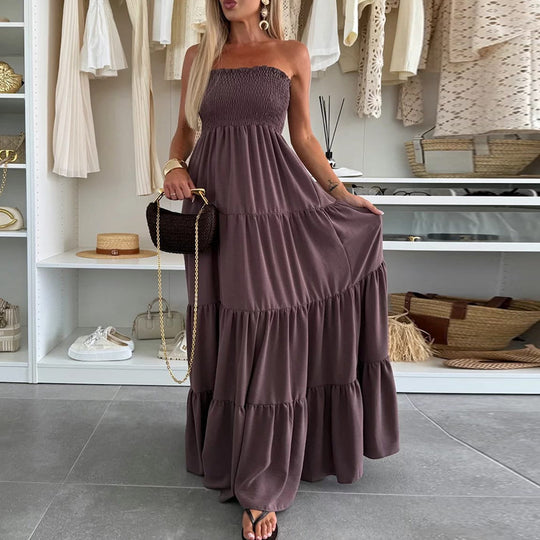 Damen Maxi-Kleid mit Smocked-Oberteil und voluminösen Rüschen EB