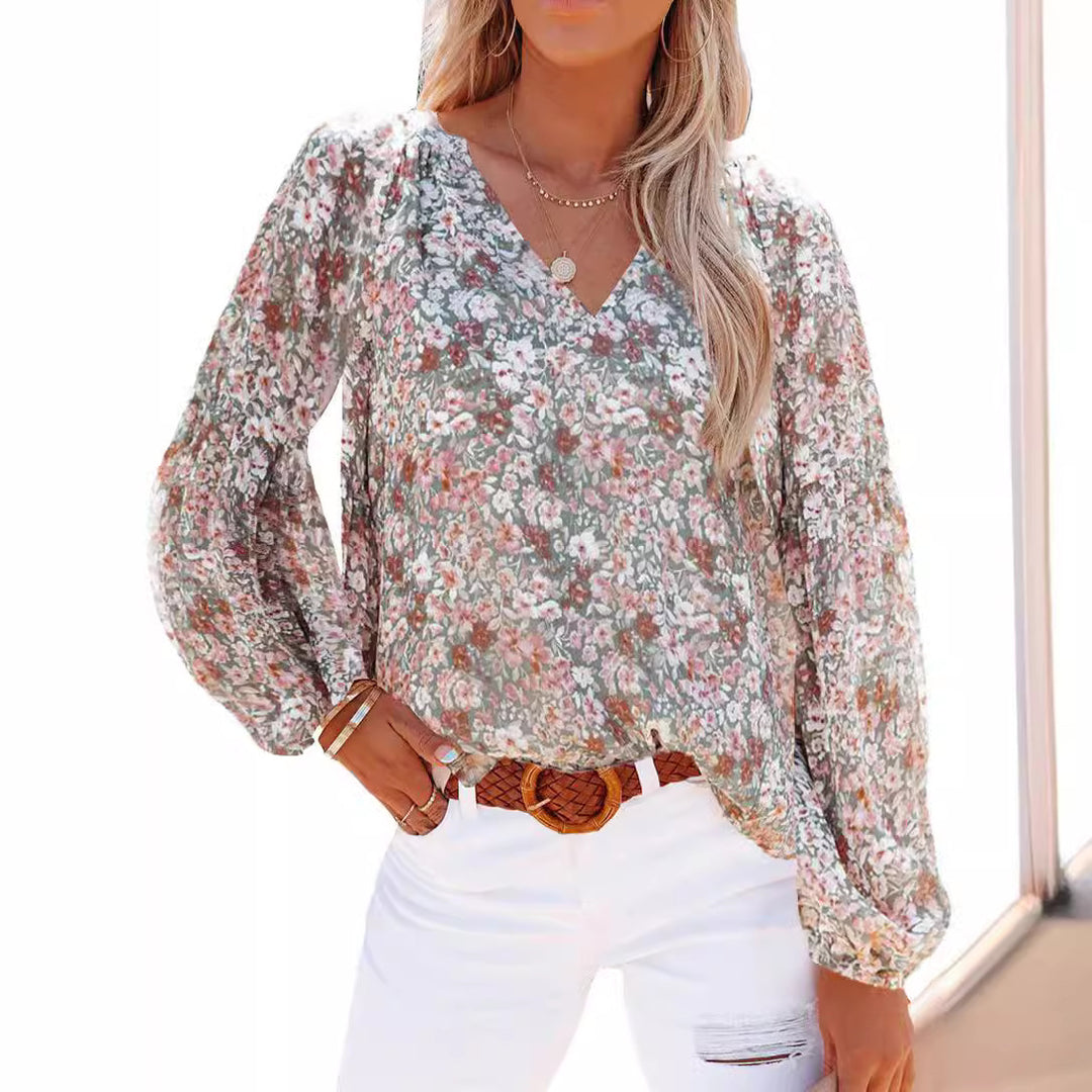 Damen Bluse mit floralen Mustern und V-Ausschnitt EB