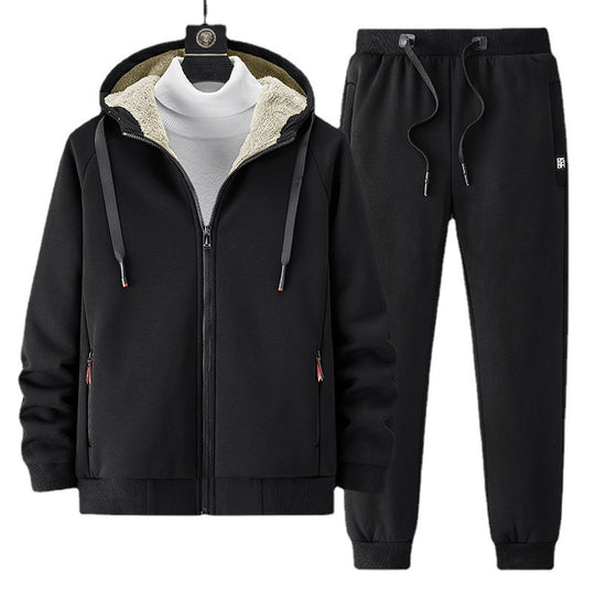 Herren Fleecegefüttertes Zip-Hoodie und Jogginghose Set mit Teddyfutter EB