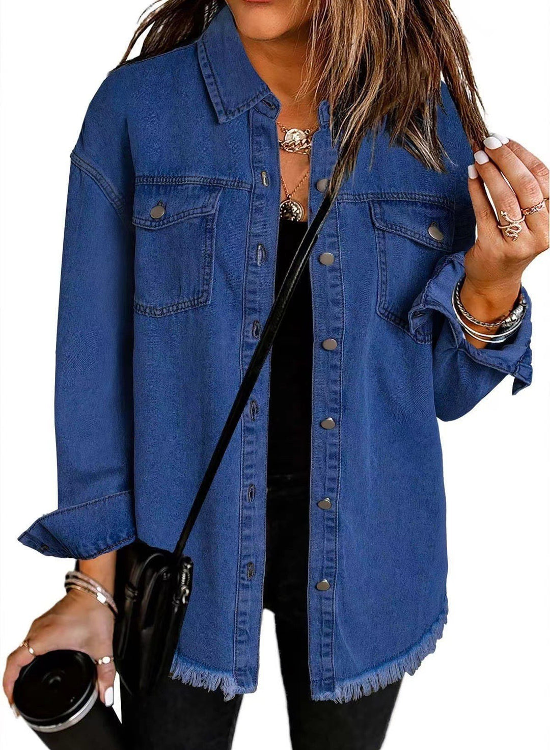 Damen Denim Overshirt mit fransigem Saum und Brusttaschen EB