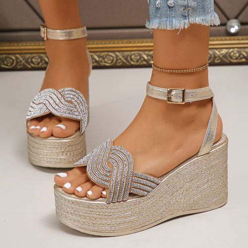 Damen Wedge-Sandaletten mit funkelnden Strassakzenten und elastischem Riemen EB