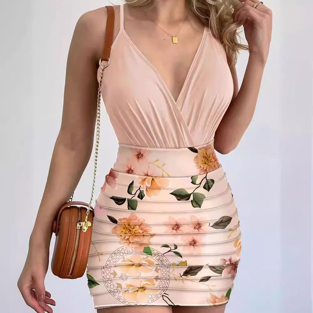 Damen Figurbetontes Minikleid mit floralem Design und tiefem V-Ausschnitt EB