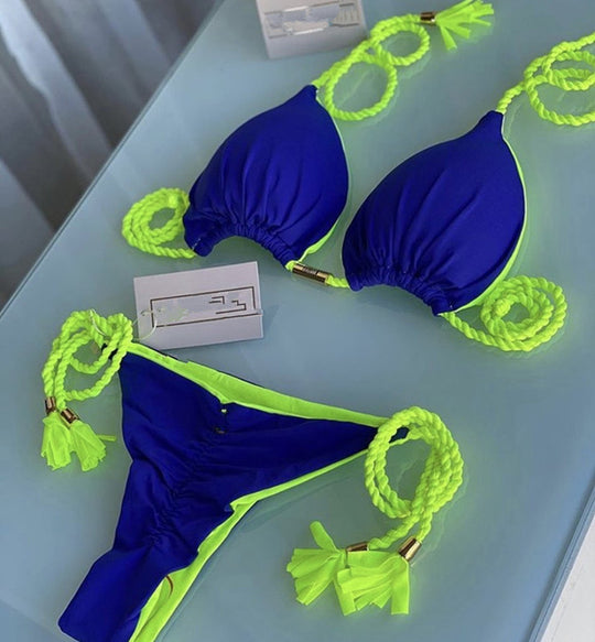 Damen Triangel-Bikini mit modischem Leopardenmuster und dekorativen Quasten EB