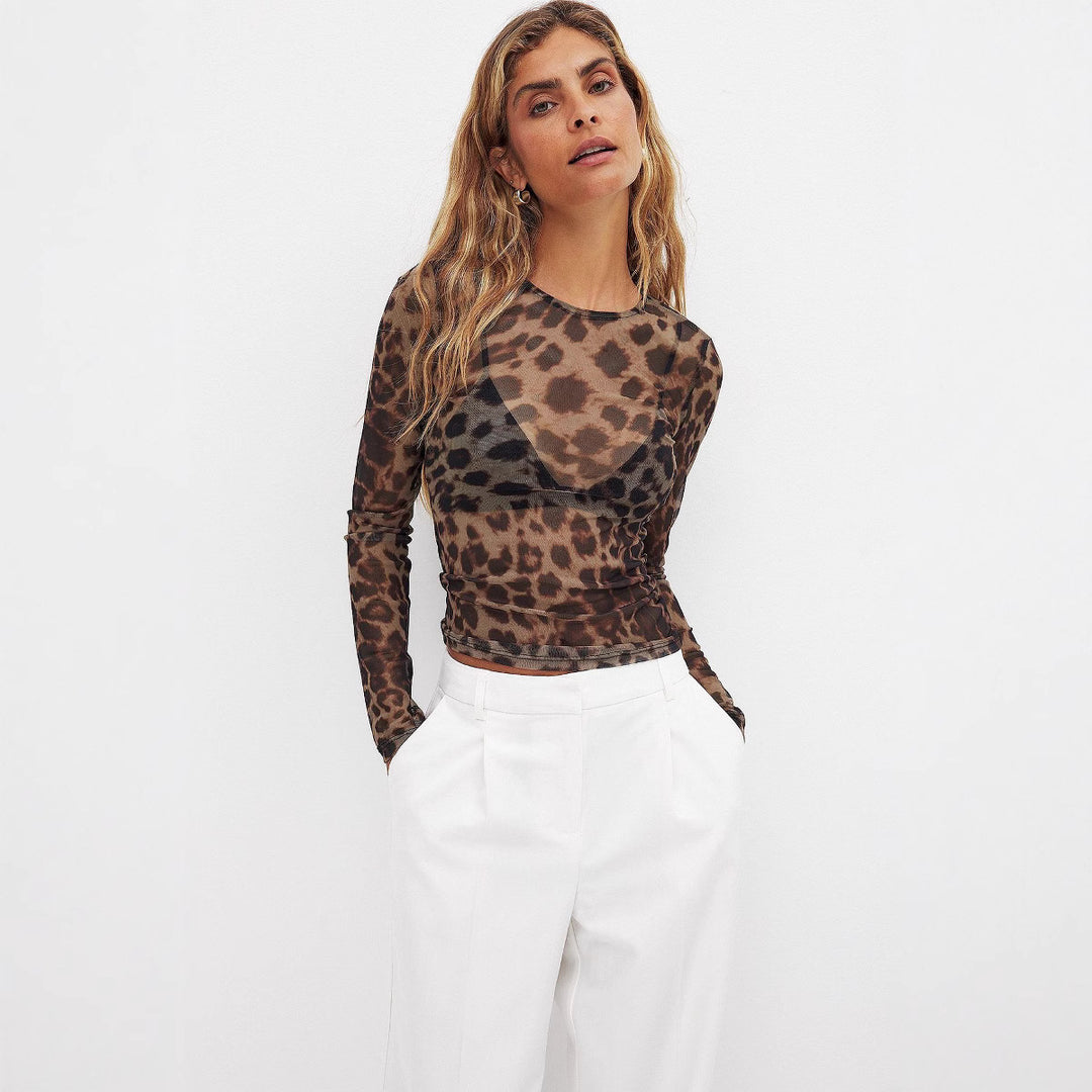 Damen langärmliges Shirt mit transparentem Leopardenmuster EB