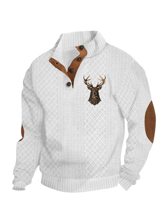 Herren nan Heritage-Strukturpullover mit Stehkragen Lederimitat-Besatz Ellenbogen-Patches und Halbknopfleiste EB