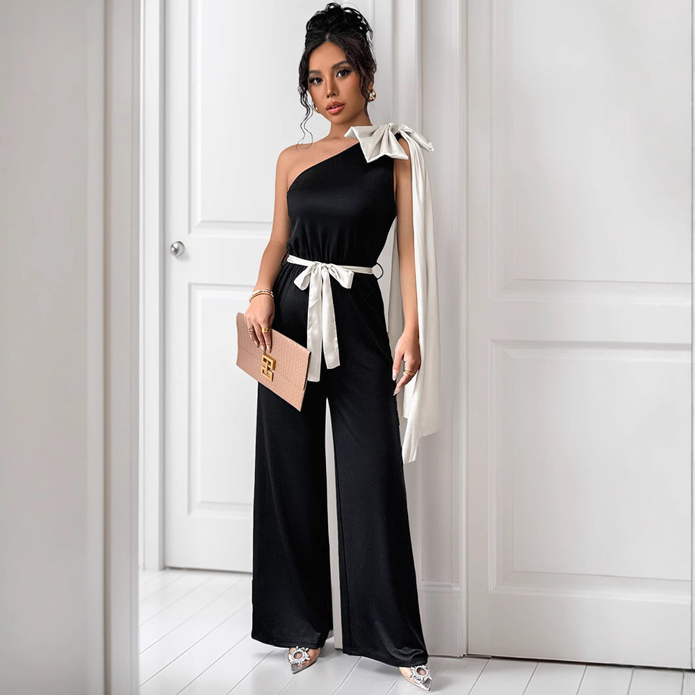Damen eleganter Jumpsuit mit asymmetrischem Ausschnitt und dekorativem Taillengürtel EB
